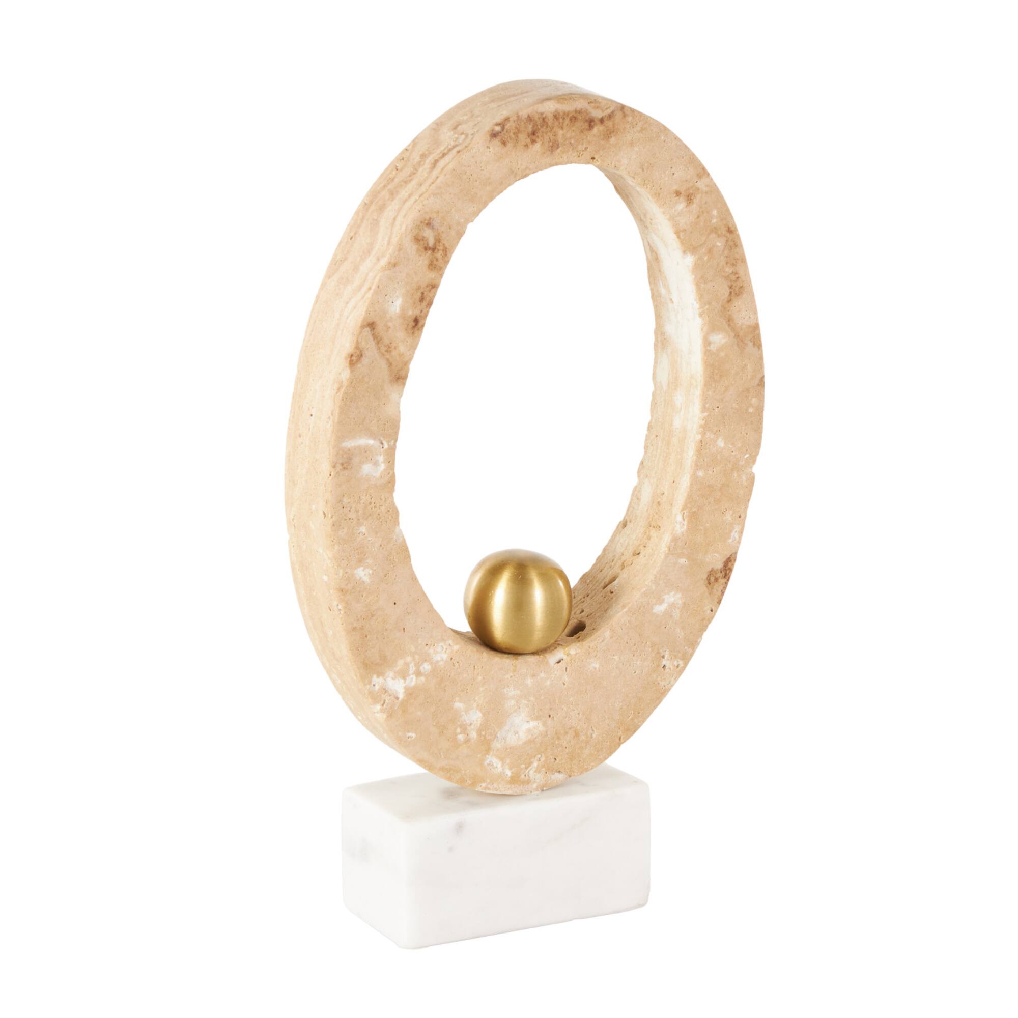 7" x 12" Cream Marble Abstract Oval Decorative Sculpture with Gold Ball and White Base